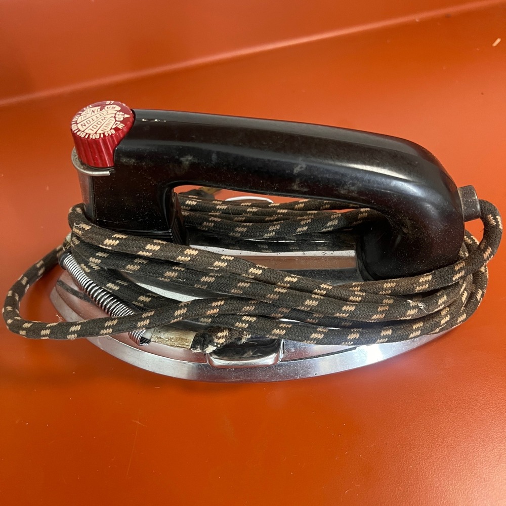 Vintage Chrome Electric Iron with Red Dial and Cloth Cord 1940s